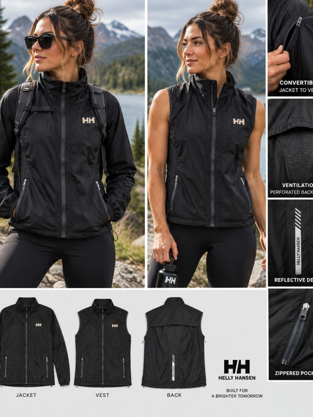 Helly Hansen Women’s L Convertible Running Jacket Vest Black Reflective